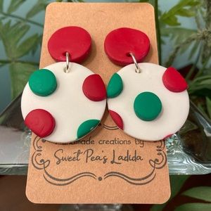 Red and Green polka dot dangle earrings with Red studs.